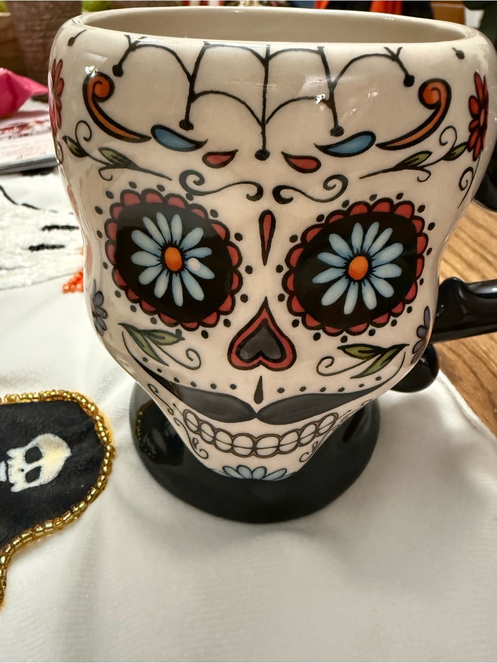 Cracker Barrel White Sugar Skull Ceramic Mug with Multicolor Floral Accents